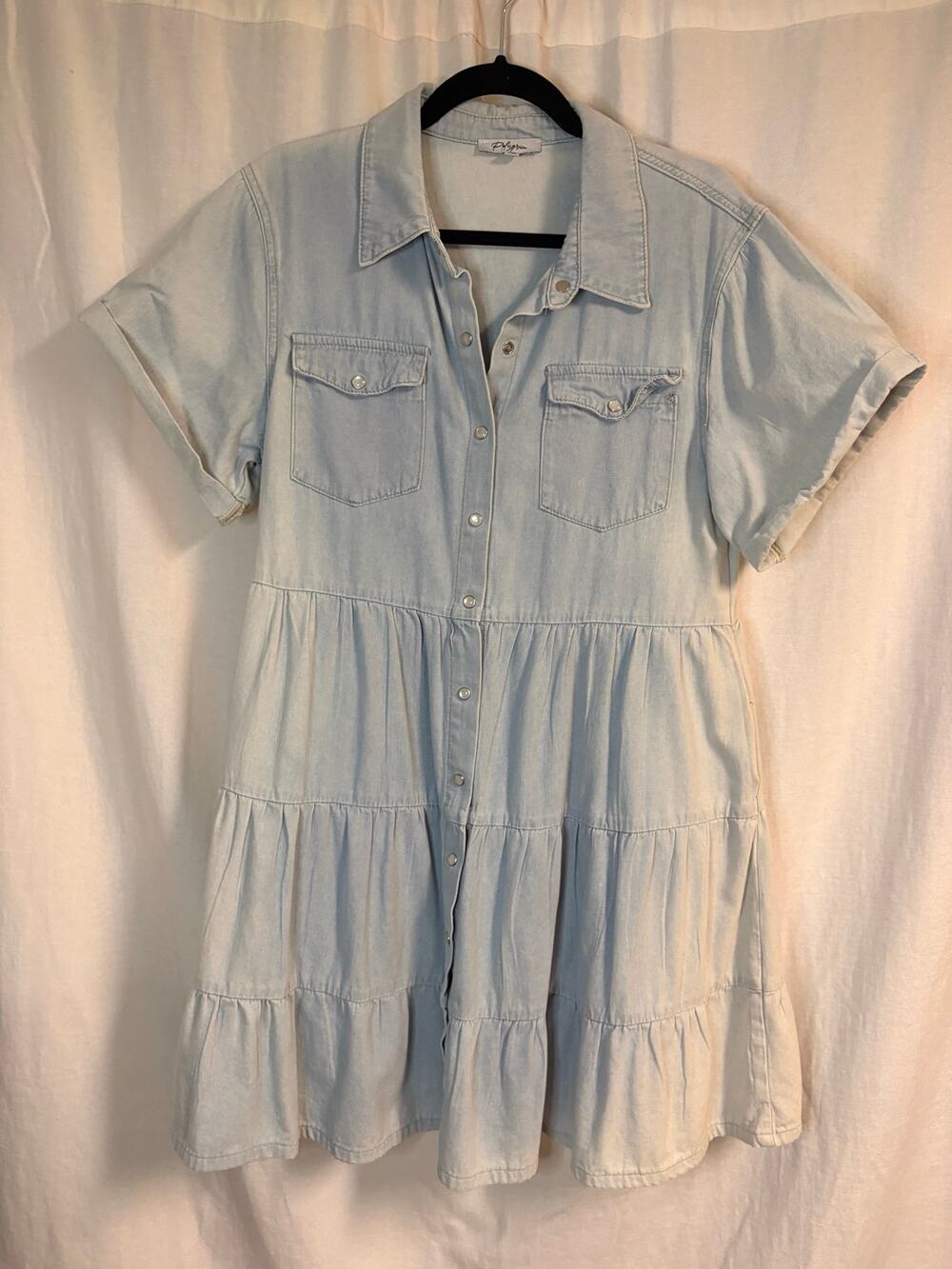 Polagram Light Wash Chambray Tiered Shirt Dress Size M